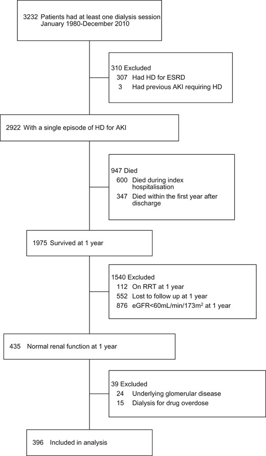 Creation of the dialysis-requiring AKI study cohort. HD, haemodialysis; RRT, renal replacement therapy.