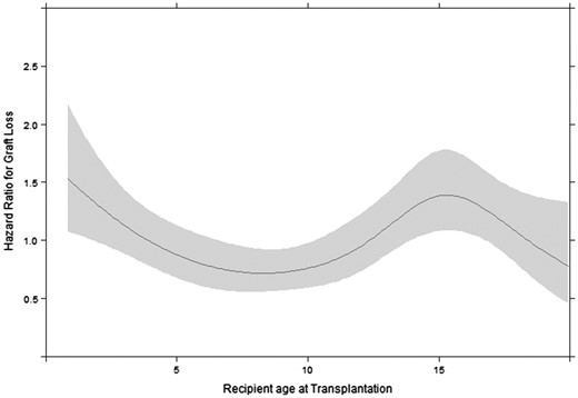 Effect of recipient age at transplantation on the hazard of graft loss with 95% confidence bands, adjusted for donor age, PRD with a high risk of disease recurrence, sex, pre-emptive transplantation, calendar year of transplantation and transplant source.