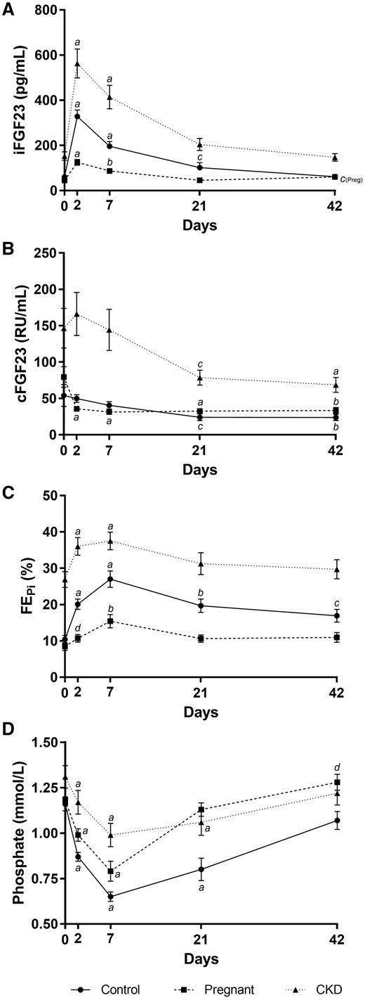 Changes to bone biomarkers after IV ferric carboxymaltose. Changes in (A) serum iFGF23, (B) cFGF23, (C) fractional excretion of phosphate and (D) serum phosphate after IV ferric carboxymaltose. Error bars denote standard error of the mean. aP < 0.0001 versus Day 0, bP < 0.001 versus Day 0, cP < 0.01 versus Day 0, dP < 0.05 versus Day 0, within respective groups.