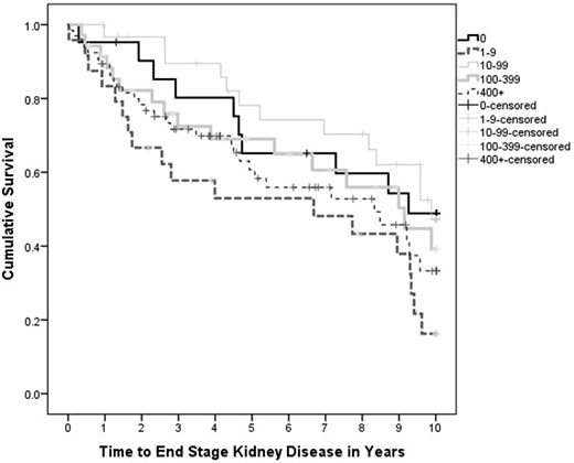 Unadjusted survival curve for time to ESKD stratified by CAC category. Time to ESKD stratified by CAC score is not significant, P = 0.078. CAC score does not differ significantly between stages of CKD (P = 0.92).