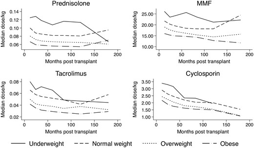 Relative drug dosing/kilogram of commonly prescribed immunosuppressants.