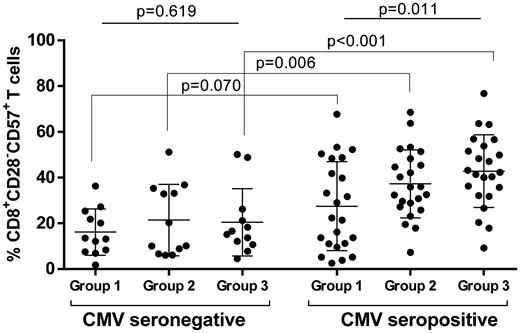 Influence of CMV status on terminally differentiated CD8+ T-cell frequency for Groups 1–3. Circulating CD28−CD57+CD8+ T cells were analysed by flow cytometry in the different groups of patients from matched cohorts for age and gender: non-uraemic patients (Group 1), CKD Stage IV patients (Group 2) and dialysed patients (Group 3).