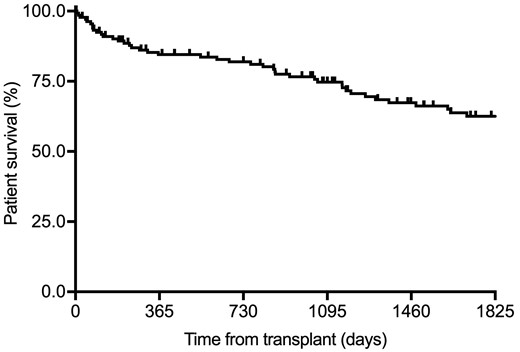 Kaplan–Meier curve for patient survival in the overall study cohort (n = 138).