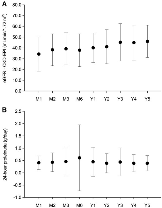 Evolution of graft function throughout the first 5 years after transplantation: (A) eGFR and (B) 24-h proteinuria. Mean values are represented by circles and SDs are represented by whiskers. CKD-EPI, Chronic Kidney Disease Epidemiology Collaboration equation.
