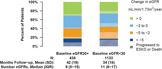 Yearly change in eGFR over the follow-up by eGFR at study entry. Analyses are restricted to patients with at least 6 months of eGFR data. Shading denotes the proportion in each category who progressed to ESKD or death during the study follow-up.