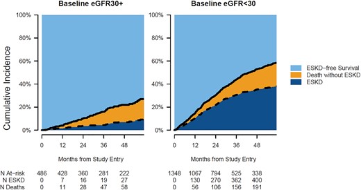 Cumulative incidence of ESKD, death without ESKD and ESKD-free survival by eGFR at study entry.