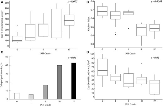 Graft function recovery according to IAH grade. (A) Day 3 creatininaemia. (B) Kirchner index assessed by Day 2 99Tc-MAG3 scintigraphy. (C) DGF incidence (percentage of patients). (D) Day 30 eGFR using the CKD-EPI equation.