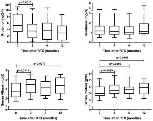 Figure: Changes in serum albumin, serum protein, serum creatinine and 24/h proteinuria over the first year of follow-up after RTX in the overall cohort of 31 patients affected by idiopathic FSGS