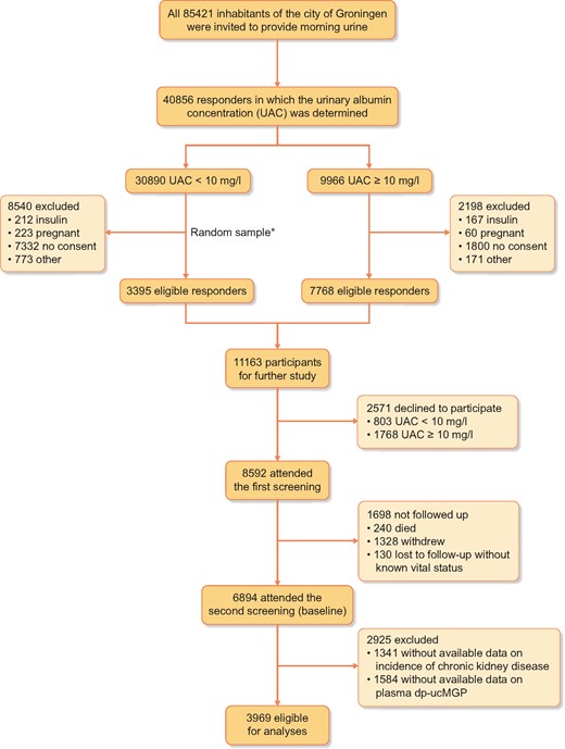 Flow of the participants through the study. *The size of the random sample was arbitrarily set at 3395 (out of the 22 350 eligible participants) to obtain a total cohort size of ∼10 000, taking into account a 15% non-participation rate.