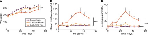 Weight and biological evaluation of rats fed a 0.25 and 0.5% ARD or controls. (A) Weight over time. (B) Serum creatinine over time. (C) Serum urea over time. •: control rats; ▪: 0.25% ARD rats; ▴: 0.5% ARD rats. ***P < 0.001, ****P < 0.0001.