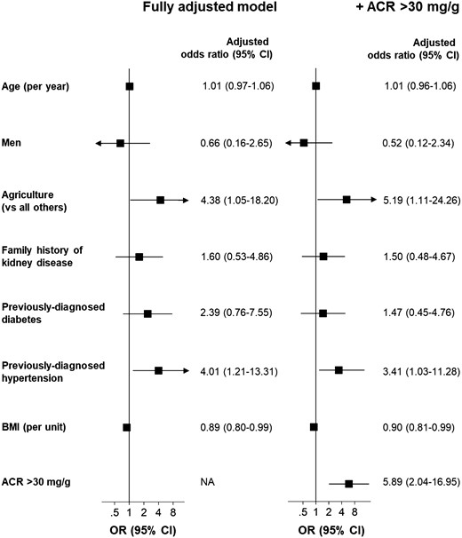 Odds of having eGFR ≤60 mL/min/1.73 m2 and effect of further adjustment for albuminuria. For each variable, the estimated ORs are adjusted for the other shown covariates. Exclusions and conventions are as in Table 1. The eGFR was estimated using Chronic Kidney Disease Epidemiology Collaboration formula and derived from SCr and the ACR was estimated using a semi-quantitative point-of-care device from a random urinary sample. Working in agriculture was not associated with having ACR >30 mg/g (see the Supplementary data, Tables S4 and S5). Unadjusted ORs are available in the Supplementary data, Table S3.