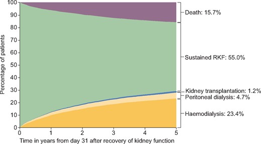Cumulative incidence of death, kidney transplantation and dialysis as competing events during 5 years after RKF.