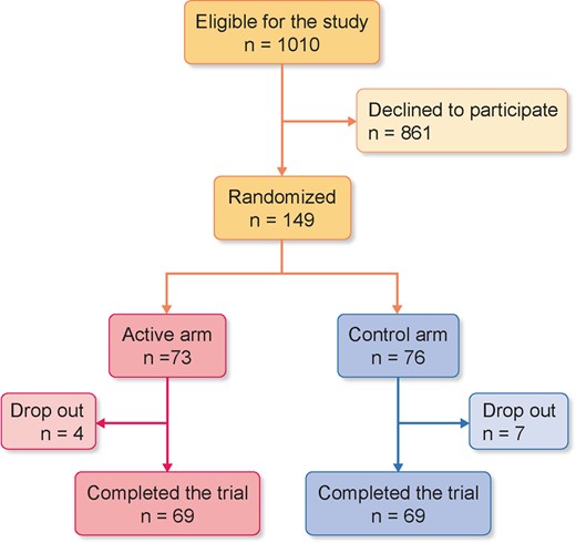 Flow chart of the patients enrolled in the trial. The reasons for drop-out were logistics and unwillingness to continue the study.