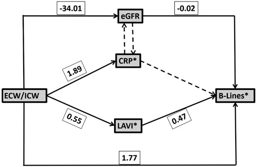 Path analysis illustrated by the structural equation model with standardized coefficients of direct effects for HFrEF patients. Dashed lines represent non‐significant pathways (tested, but not included in the model) and solid lines represent significant pathways (included in the model).