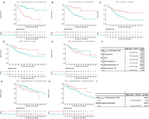 Upper and middle panels: Survival free of dialysis or preemptive transplantation according to (A) eGFRCKD-EPI below (red) or over (blue) 30 ml/min/1.73m², (B) UPCR below (red) or over (blue) 0.2 mg/mmol, (C) Hematuria absent (red) or present (blue), (D) Arteriolar hyalinosis 0-1(red) or 2 (blue), (E) Proportion of ischemic glomeruli below (red) or over (blue) 7%, (F) Adjusted Cox regression analysis for survival without dialysis of preemptive transplantation.