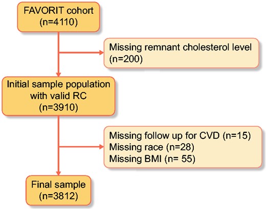 Complete remnant cholesterol cohort. Eligible FAVORIT participants were the 3812 who were not missing baseline remnant cholesterol, baseline CVD, race and BMI.