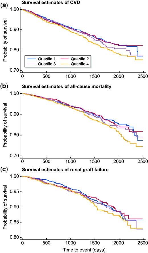 Survival estimates for (A) primary CVD outcomes, (B) all-cause mortality outcomes and (C) renal graft failure stratified by baseline remnant cholesterol levels. Analyses exclude participants with missing covariate data.
