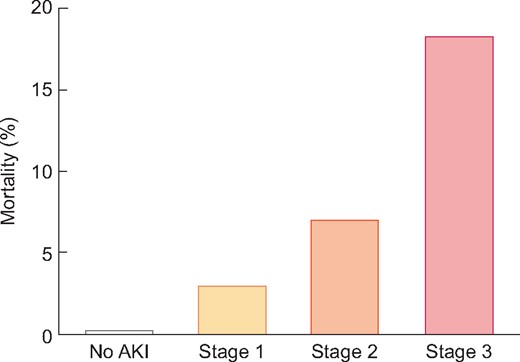 Association of maximum KDIGO stage with mortality. The incidence of mortality stratified by maximum KDIGO stage. The incidence of mortality increases with each categorized stage.