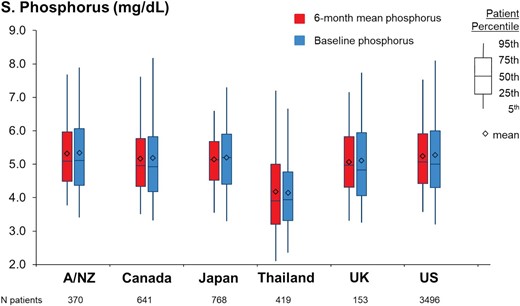Distribution of baseline phosphorus and 6-month mean phosphorus values among the PDOPPS participating countries. A/NZ, Autralia/New Zealand.