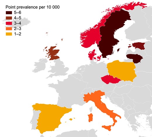 Geographic variation in IgAN point prevalence across Europe, based on national kidney biopsy registry data for patients of all ages. See Table 1 for time frame of source data for each country.