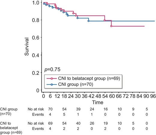 Patient survival. The Kaplan–Meier method was used to assess survival from the time of inclusion. P-value measured is from the logrank test. x-axis: months postinclusion.