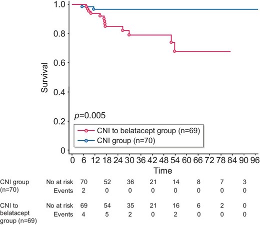 Opportunistic infection-free survival. The Kaplan–Meier method was used to assess OPI-free survival from the time of inclusion. P-value measured is from the logrank test. X-axis: months postinclusion.