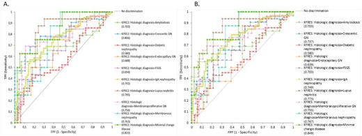 ROC curves for the 4-variable KFRE at 2- and 5-years according to glomerulopathy etiologies. A. ROC curve for KFRE at 2-years; B. ROC curve for KFRE at 5-years.