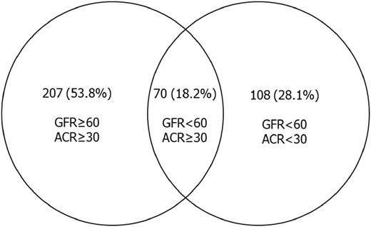 Glomerular filtration rate (GFR) and albumin-to-creatinine ratio (ACR) among diabetic patients with chronic kidney disease.