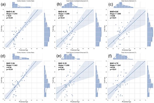 The agreement of K-Age and actual age in the test set obtained from contrast-enhanced CT and non-contrast-enhanced CT automatic segmentation in PUMCH test set and DZMH test set.