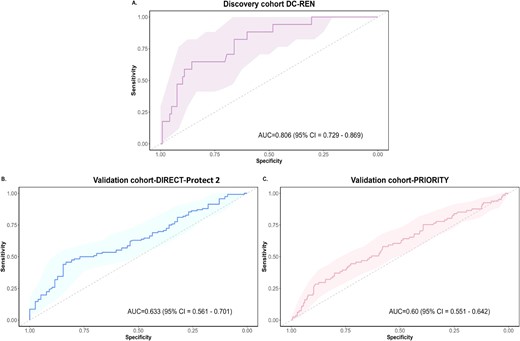 ROC curves for the DKDp189 model. (A) n-1 cross/validated training ROC curve in the discovery cohort (DC-REN) using the EKFC eGFRcys dataset. (B) ROC curve in the DIRECT-Protec 2 validation cohort. (C) ROC curve in the PRIORITY validation cohort.