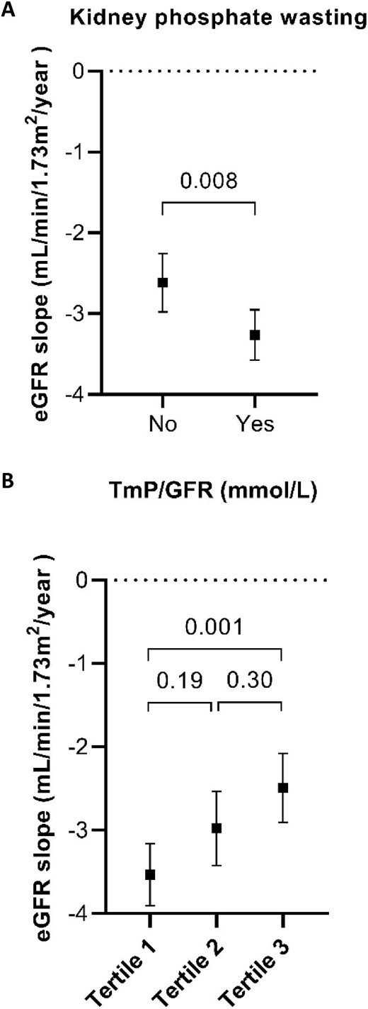 eGFR slopes according to TmP/GFR. The plot displays the annual eGFR slopes with black square as mean and corresponding 95% CI in error bars for TmP/GFR by the presence or absence of kidney phosphate wasting (A) or divided into tertiles (B). Tertile 1: TmP/GFR <0.66 mmol/L; Tertile 2: TmP/GFR 0.66–0.84 mmol/L; Tertile 3: TmP/GFR >0.84 mmol/L.
