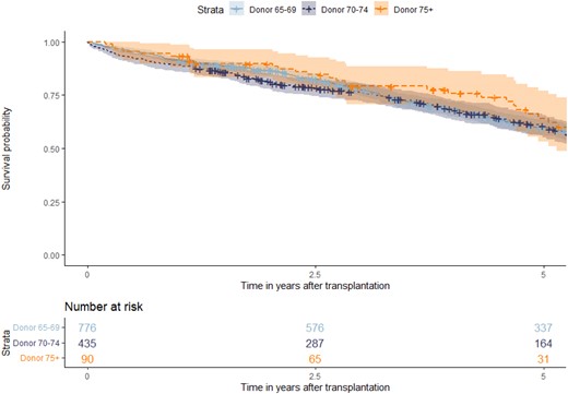Kaplan-Meier curve of recipient patient survival stratified for donor age group. Shadings represent 95% confidence intervals. Plog-rank = 0.3.