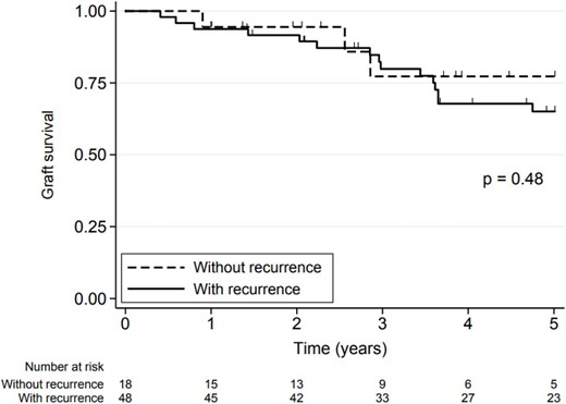 Graft survival in the study patients with and without FSGS recurrence. Graft survival was define as survival free of dialysis and death.
