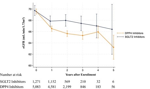 Change in eGFR among SGLT2 inhibitor and DPP4 inhibitor users. We used a linear mixed-effects model to compare changes in eGFR between SGLT2 inhibitor and DPP4 inhibitor users. The model included the treatment group (SGLT2 inhibitor or DPP4 inhibitor users), time and the interaction term between the treatment group and time as fixed effects. Error bars represent 95% CIs.