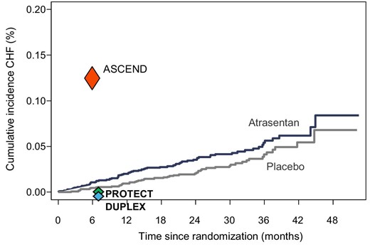 Incidence of heart failure in clinical trials with ERAs. Kaplan–Meier curve of heart failure hospitalizations in the SONAR trial is shown. The incidence of heart failure in the SONAR trial at 6 months (the median follow-up time in the ASCEND trial) was markedly lower compared with the ASCEND trial (red triangle), suggesting that the careful patient selection and the use of low-dose atrasentan in the SONAR trial were successful. In the PROTECT trial in patients with IgA Nephropathy (PROTECT) only one heart failure event occurred in each treatment arm (green triangle). In the DUPLEX trial in patients with FSGS, heart failure did not occur (blue triangle).