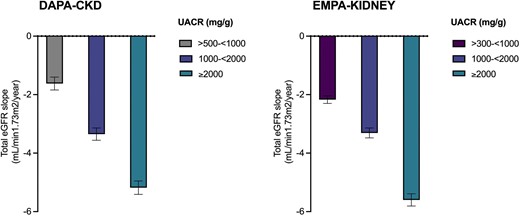 Annual rate of decline in eGFR as measured by total slope in dapagliflozin and empagliflozin treated participants by baseline albuminuria in the DAPA-CKD and EMPA-KIDNEY trials (error bars represent standard errors).