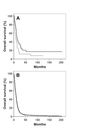 Kaplan-Meier overall survival curves for giant cell glioblastoma (A) and glioblastoma multiforme (B) patients segregated by tumor size: solid line, tumor size < median; dashed line, tumor size ≥ median.