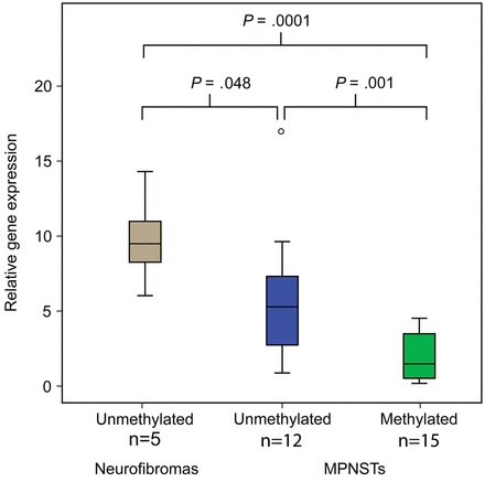 The gene expression of RASSF1A (assay Hs 00945257_m1 detecting NM_007182.4, RASSF1A) is significantly downregulated in MPNSTs with promoter hypermethylation compared with tumors without RASSF1A methylation, and also in MPNSTs compared with neurofibromas independently of methylation.