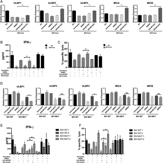 Decitabine restores NKG2DL expression and NK-mediated cytotoxicity. (A, D) IDHmut astrocytes and GSCs (gray bars) were treated for 5 days with DAC or DMSO or left untreated. NKG2D ligand expression levels were assessed by RT-PCR. IDHwt astrocytes or GSCs (black bars) served as controls. Expression levels were normalized to 18S RNA levels. (C, F) IDHmut astrocytes and GSCs (gray bars) were treated with decitabine (200 nM) or DMSO for 5 days and cultured with NK cells pretreated with NKG2D blocking antibody (anti-NKG2D+) or isotype (immunoglobulin G isotype+). Specific lysis was determined by flow cytometry. Percents 7-AAD+ cells are indicated. (B, E) Corresponding IFN-γ levels from supernatants were measured by ELISA. (*P < .05, **P < .01, ***P < .001).