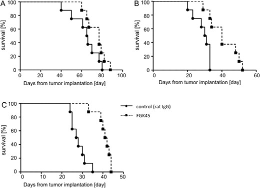 Efficacy of local delivery of FGK45 in mouse glioma cell lines. Each group of C57BL6 mice (n = 8) was implanted with GL261 (A), NSCL61 (B), and bRiTs-G3 (C) and treated with CED of 10 µg FGK45 (in 10 µL PBS) on day 5. Control mice received CED of 10 µg IgG (in 10 µL PBS). Survival analysis of GL261 model mice treated with FGK45 or IgG (control) in the GL261 (A), NSCL61 (B), and bRiTs-G3 models (C). Local delivery of FGK45 significantly prolonged survival compared with controls in the NSCL61 (P= .0072) and bRiTs-G3 (P = .0006) models, but the effect was not significant in the GL261 model (P = .1241).