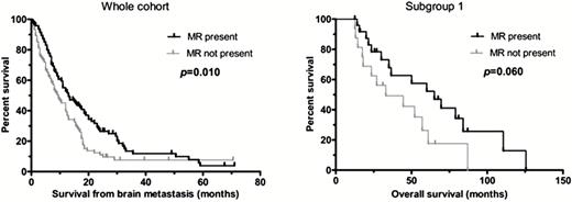 Kaplan–Meier analysis. The presence of mononuclear ring (MR) around the brain metastasis of lung adenocarcinoma is associated with better survival after brain metastasis surgery. The presence of MR is also associated with a tendency for better OS in patients with solitary brain metastasis who underwent primary tumor resection (subgroup 1).