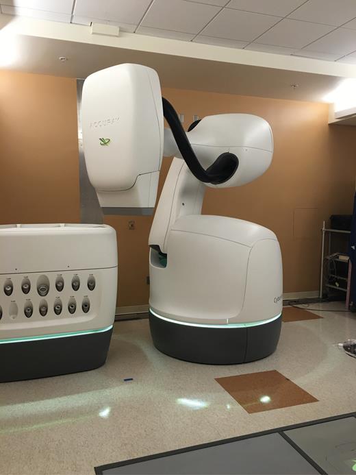 The Cyberknife M6 which is equipped with the InCise2 high definition MLC (leaf width = 3.85 mm at 80 cm SAD) allowing for a maximum clinical field size of 11.5 x 10 cm2. Picture provided by Dr Lei Wang of Stanford University, Department of Radiation Oncology.