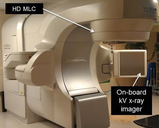 An example of a digitally controlled SRS/SRT linear accelerator system (Varian Truebeam Stx), which is equipped with a 120-leaf high-definition MLC and a kilo-voltage on-board imager. The minimum MLC leaf width is 2.5 mm for the central 32 leaf pairs (8 cm in field width) for the purpose of delivering SRS/SRT treatments.