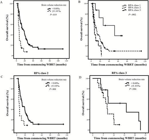 Kaplan–Meier curves depicting survival. (A) Univariate effect of the extent of BVRR on overall survival. (B) Overall survival in patients of each RPA class. (C) Univariate effect of the extent of BVRR on overall survival for RPA class 2 patients. (D) Univariate effect of the extent of BVRR on overall survival for RPA class 3 patients.