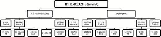 Distribution of IDH1-R132H mutation between WHO grades and histologic subgroups.