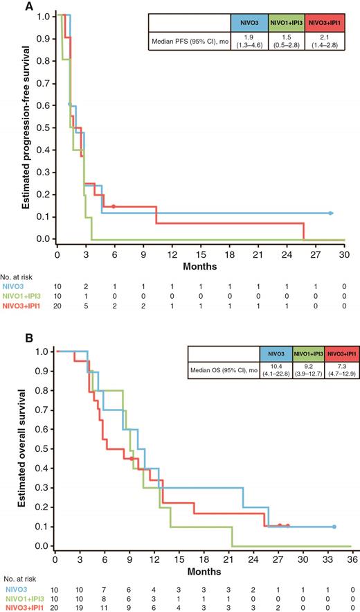 Kaplan–Meier estimates of (A) PFS and (B) OS for patients in the NIVO3, NIVO1+IPI3, and NIVO3+IPI1 treatment arms. Closed circles indicate patient censoring. Abbreviations: NE = not estimable.