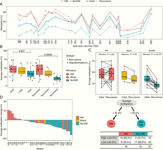 MGMT promoter methylation level in initial tumors predicts hypermutation status at recurrence. (A) Methylation level at each CpG site for initial tumors and recurrences of patients by HM status. (B) Average methylation level for initial tumors and recurrences of patients by HM status. (C) Paired analysis of average methylation level between initial tumors and recurrences. (D) Change in average MGMT promoter methylation level from initial tumor to recurrence. (E) Regression tree identifying average methylation level in initial tumors as a significant predictor of HM status at recurrence.