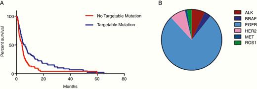Patients harboring LM from primary tumors with targetable mutations demonstrate improved overall survival. (A) Eighty-four of 171 patients (49%) harbored a targetable mutation. Patients with a targetable mutation had a significantly improved survival compared with those without a targetable mutation (log-rank P = 0.02). (B) Breakdown of specific mutation types among the 84 patients in this study with targetable mutations.