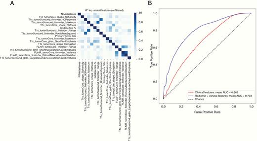 (A) Heatmap of pairwise Pearson correlation coefficients for top-ranked clinical and radiomic features. (B) Average ROC curve obtained from resampling the predictions made on the concatenated validation set. The red (blue) curve corresponds to the RF model trained on clinical (imaging and clinical) features.