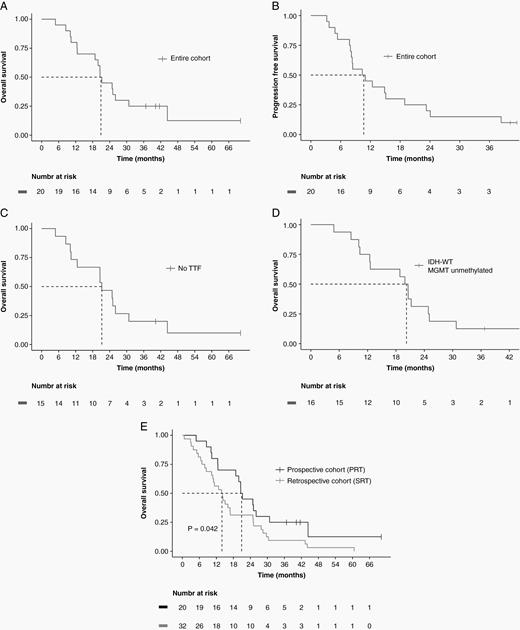 Kaplan–Meier survival curves. (A) mOS was 20.9 months with an estimated 2-year OS of 45% for the entire cohort. (B) Median PFS was 10.7 months for the entire cohort. (C) mOS was 21.2 months for patients not treated with tumor-treating fields. (D) mOS was 20.2 months for patients with IDH-WT and MGMT unmethylated tumors. (E) Survival was significantly higher in the prospective cohort patients treated with PRT compared with a matched retrospective cohort treated with SRT (mOS 20.9 vs 14.0 months, P = 0.042). Dashed lines indicate mOS or mPFS.